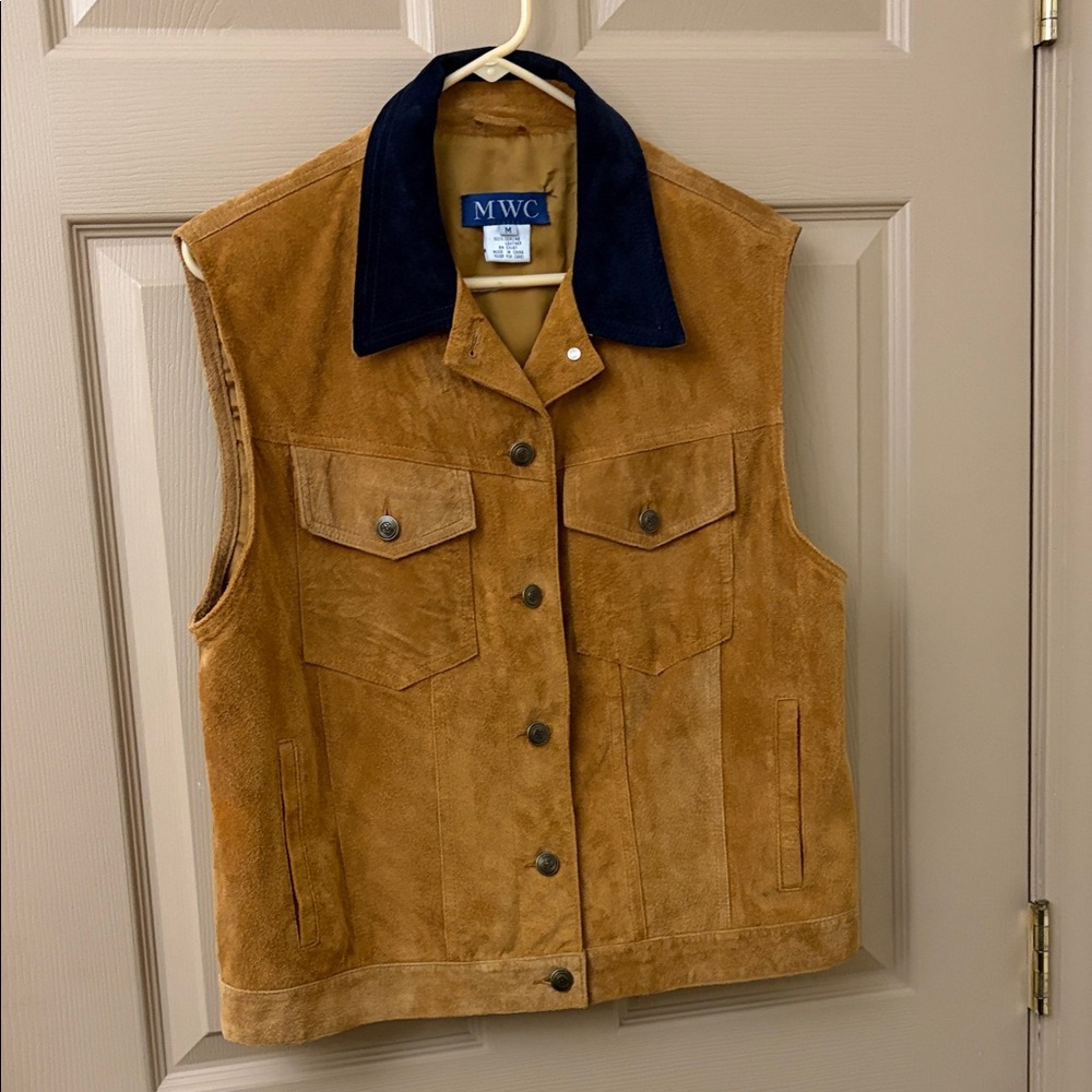 Rare Vintage Western Tan Suede Vest with Navy Blue Collar